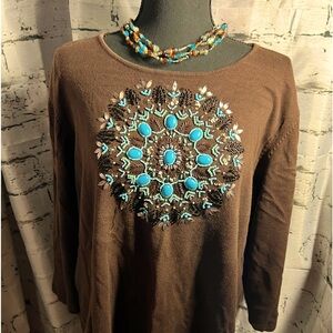embellished turquoise beads 3/4 sleeve sweater brown 1X boho  western cowgirll